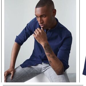 Reiss Caffrey Textured Grandad Collar Shirt Denim Navy Blue M